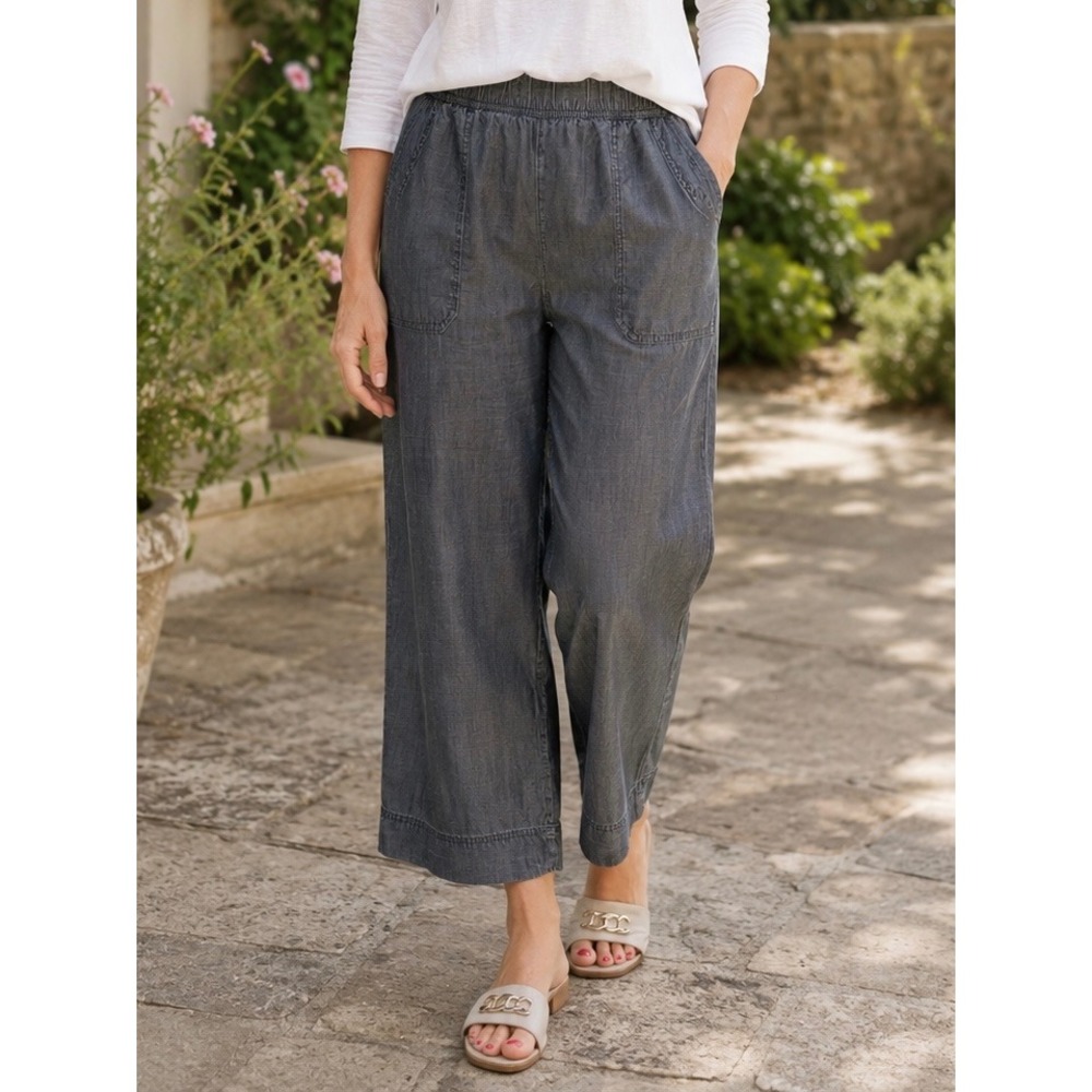 Splendid Gray Lyocell Wide Leg Crop Pants Small Elastic Waist Chambray Trousers